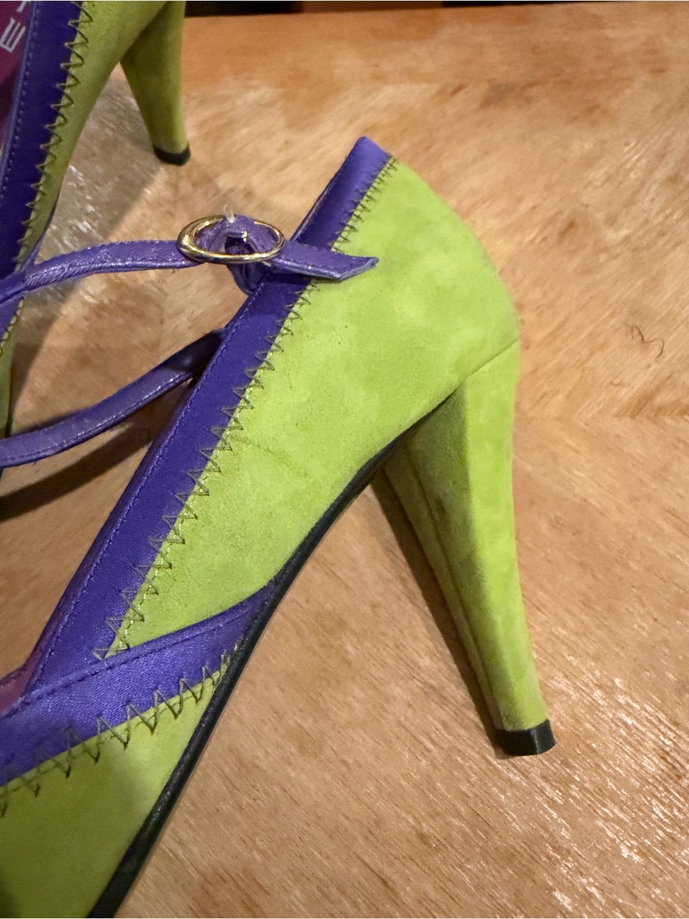 Etro Lime Green and Purple Suede Pointed Mary Jane Pumps with Jeweled Brooch - Picture 15 of 16